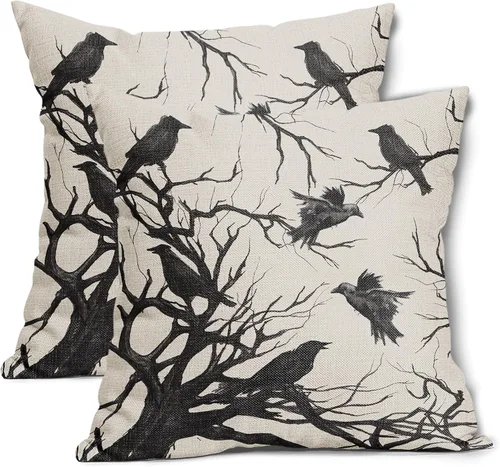 Vista 9 de Tree Crows - Juego de 2 fundas de almohada de Halloween de 16 x 16 pulgadas, fundas de almohada decorativas de otoño, fundas de almohada negras