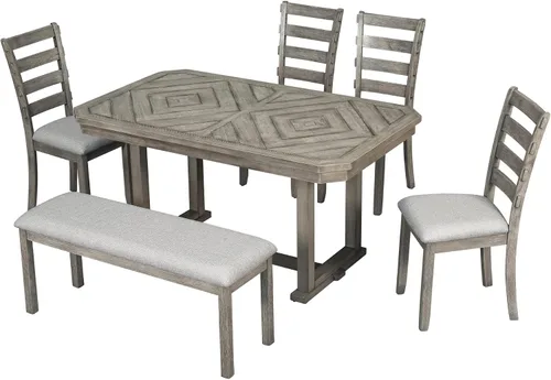 Vista 219 de Juego de mesa de comedor vintage de 6 piezas, juego de mesa de comedor de cocina de madera maciza con 4 sillas ergonómicas acolchadas y banco, mesa