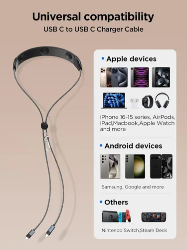 Vista 7 de Aioneus Cable USB C a USB C, masajeador de cuello de 4.5 pies, 100 W, cable de carga rápida con masajeador eléctrico de nailon tipo C a C, cable