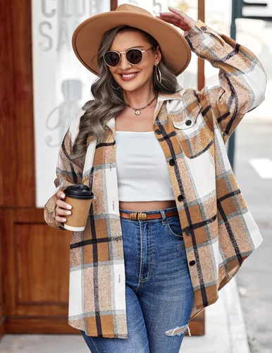 Vista 2 de IN'VOLAND Chaqueta de franela a cuadros de manga larga con botones para mujer, tallas grandes, blusas casuales de otoño