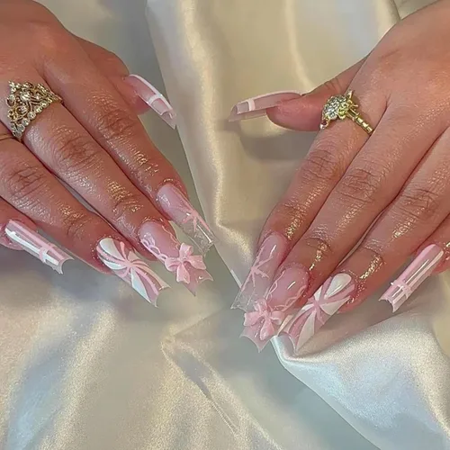 Vista 18 de Uñas postizas a presión con punta francesa cuadrada larga con arco 3D, diseños de línea de copo de nieve, uñas de invierno, uñas a presión