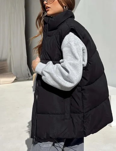 Vista 4 de APAFES Chaleco acolchado de invierno para mujer, ligero, cuello alto, manga corta, acolchado, con bolsillos