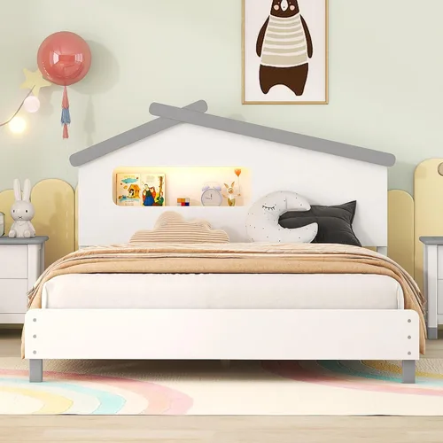 Vista 14 de Cama de plataforma de madera de tamaño individual con cabecera en forma de casa, soporte de listones de madera, para dormitorio de niños, niñas