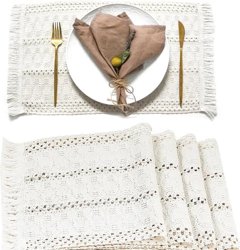 Vista 9 de FEXIA Juego de 6 manteles individuales bohemios, decoración de mesa de macramé y manteles individuales estilo casa de campo de arpillera de algodón