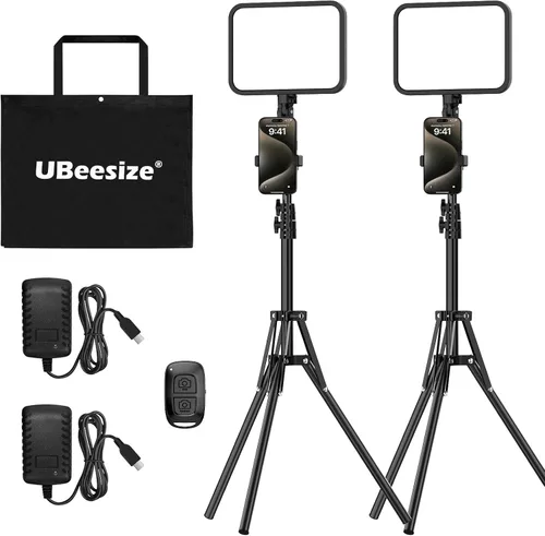 Vista 6 de UBeesize - Pack de 2 luces de video LED, luces de estudio para fotografía regulables de 3000-6500K con soporte para trípode y soporte para teléfono