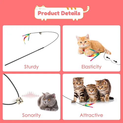 Vista 6 de SHENGSEN Juguete de varita de plumas para gatos, pelota inflable con cola para gatos, gusano mágico con juguete de bola grande y colorida