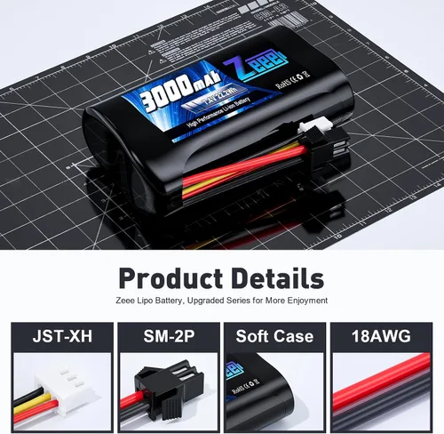 Vista 3 de Zeee 2S - Batería de iones de litio de 3000 mAh, 7.4 V, conector SM 2P, batería recargable RC con cargador de batería de 7.4 V, compatible con WPL
