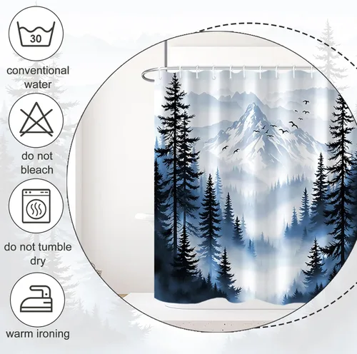 Vista 5 de Cortina de Ducha Azul Bosque de Pino Montaña Aves Paisaje Nebuloso Cortina de Ducha Impermeable de Tela para Decoración de Baño 60x72 Pulgadas