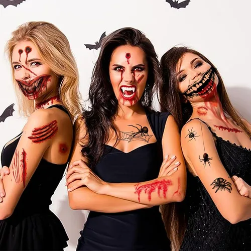 Vista 3 de 42 hojas de telaraña 3D y tatuajes temporales de cicatriz falsa, kit de maquillaje de Halloween, bruja zombi, realista, falso murciélago, tatuajes