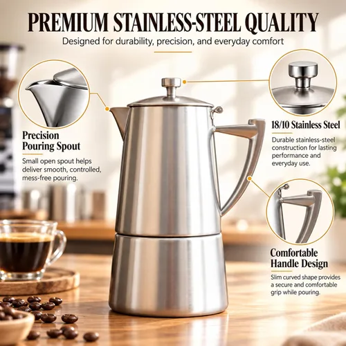 Vista 8 de CUISINOX Roma - Máquina de café expreso de acero inoxidable satinado para estufa, 6 tazas 18/10 stainless steel moka pot with 6-cup capacity