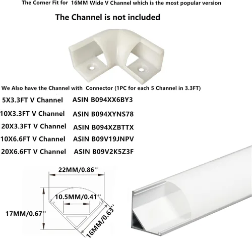 Vista 3 de THMOOTHER Paquete de 8 tiras LED en forma de V de 0.630 in de ancho con conector blanco de 90 grados, kit de esquina de perfil de cubierta curvada