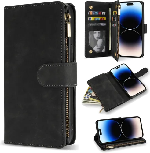 Vista 19 de ZZXX Funda tipo cartera para iPhone 14 Plus con [Bloqueo RFID] Ranura para tarjetas Cuero PU suave premium con cremallera tipo folio plegable