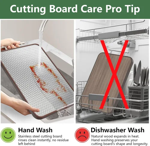 Vista 4 de Tabla de Cortar de Acero Inoxidable y Madera de Doble Cara Tablas de Cortar para Cocina - 2 en 1 Ébano Metal con Mango Resistente a Rayones Carne