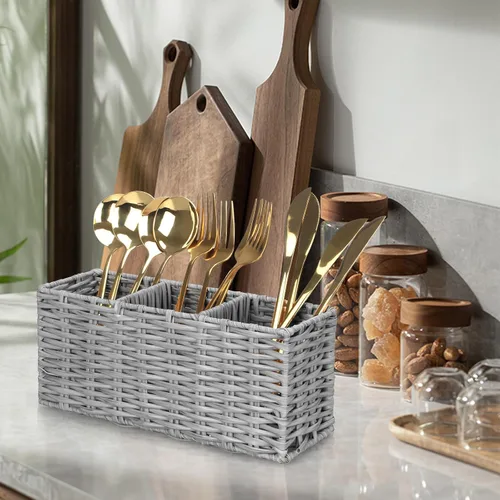 Vista 5 de Ayiaren Organizador de cubiertos de plástico gris para cubiertos, organizador de utensilios pequeños para encimera de cocina, fiesta, cubiertos