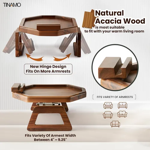 Vista 4 de Tinamo Bandeja para apoyabrazos de sofá octogonal de acacia, mesa de reposabrazos de sofá con brazos plegables - Organizador para sillón, bandeja