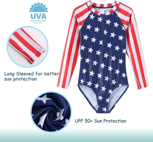 Vista 3 de Trajes de baño de una pieza para niñas de manga larga con protección solar UPF 50+