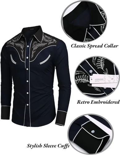 Vista 5 de COOFANDYMen'sWesternCowboyEmbroideredLongSleeveButtonDownShirts