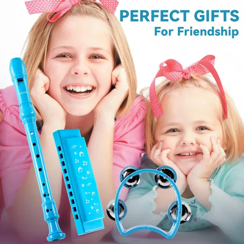 Vista 2 de EAST TOP Juego de 3 instrumentos musicales de grabadora que incluye armónica, flauta, pandereta para niños, estudiantes que juegan como regalo Azul
