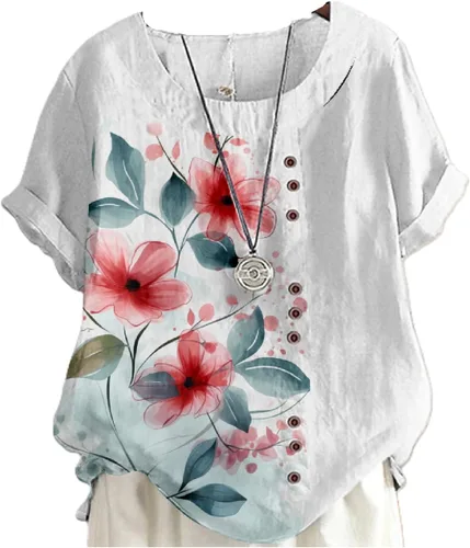 Vista 20 de domirica Camisetas de verano para mujer 2024 con estampado de flores, algodón, lino, manga corta, cuello redondo, camisas casuales de moda