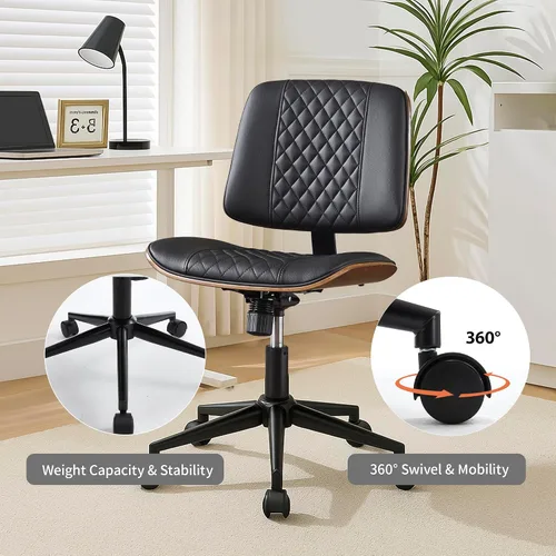 Vista 6 de Silla de escritorio de oficina con ruedas sin brazos, silla de computadora Negro
