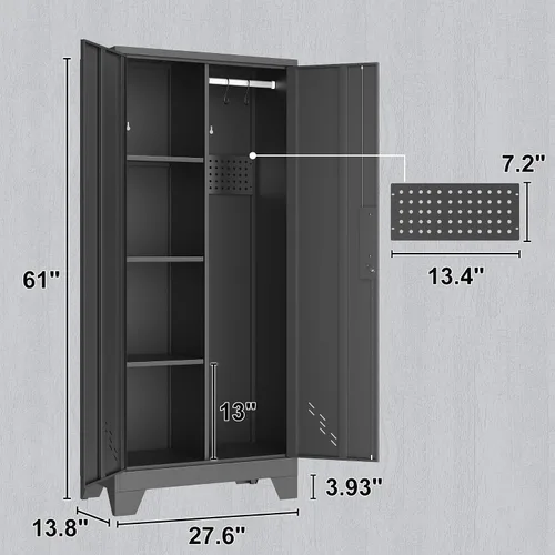 Vista 3 de OSEILLC Armario de Almacenamiento de Metal con Puertas con Cerradura, 61" de Alto para Garaje con Barra Colgante, Armario Escobero, Gabinete