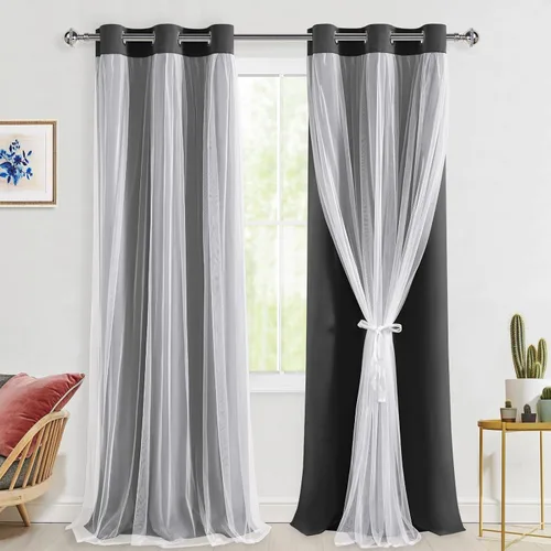Vista 114 de Hiasan Cortinas opacas con superposición transparente, aislamiento térmico para mezclar y combinar de doble capa, cortinas de oscurecimiento de Beige