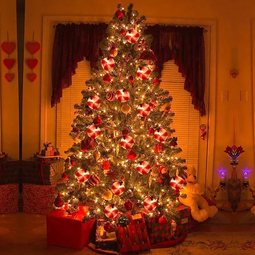 Vista 5 de Guirnalda de luces de caramelo de Navidad de 8.5 pies, cadena de luces colgantes de Navidad con 10 luces redondas rojas y blancas, luces de hadas