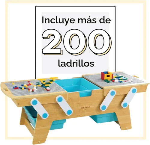 Vista 4 de KidKraft Building Bricks Play N Store Mesa de madera, almacenamiento de juguetes para niños con contenedores, más de 200 bloques de construcción