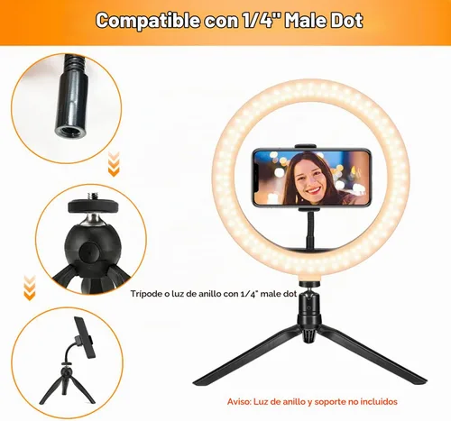 Vista 6 de Soporte universal para teléfono con anillo de luz con adaptador de 1/4 y zapata caliente, soporte de teléfono flexible para anillo de luz y trípode
