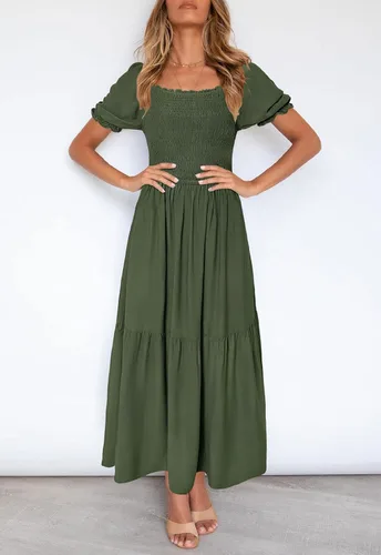 Vista 2 de ZESICA - Vestido de verano largo para mujer, diseño acampanado con cuello cuadrado y volantes, estampado floral y bohemio, para la playa