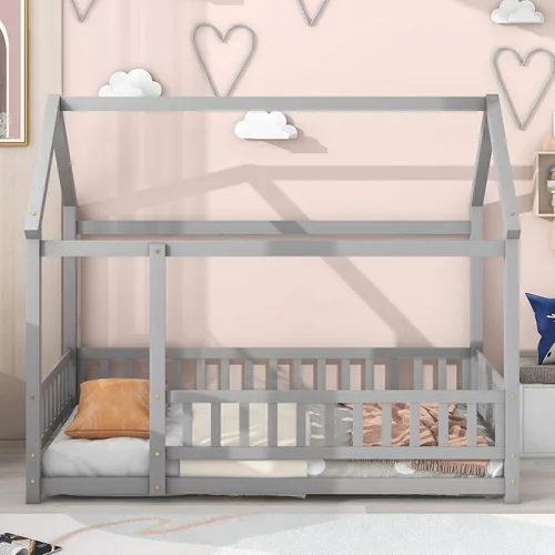 Vista 3 de Cama individual de madera con barandilla de valla para niños y niñas, tienda de campaña con toldo con techo (gris)