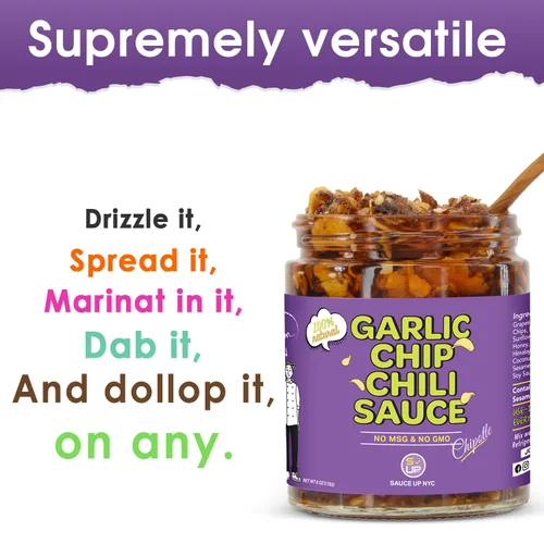 Vista 5 de SAUCE UP Salsa de chile con chispas de ajo Sabor Chipotle Totalmente natural, Keto, sin gluten, sin MSG Ajo frito, chiles mexicanos