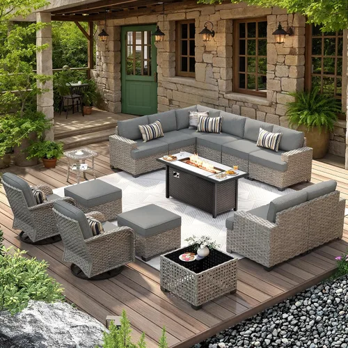 Vista 24 de HOOOWOOO Juego de Muebles Seccionales para Patio al Aire Libre, 6 Piezas Juegos de Conversación de Mimbre Sofá en Forma de L, Sofá Extra Profundo
