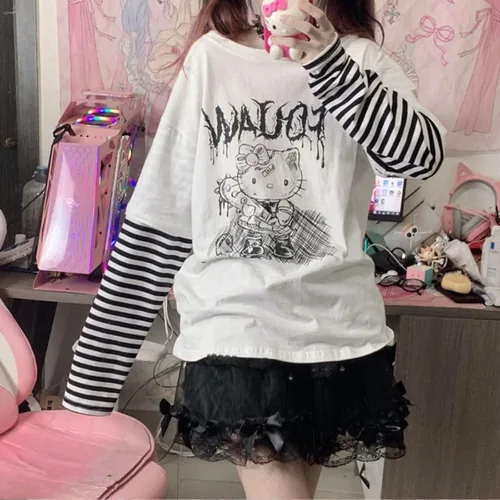 Vista 5 de Camisetas de manga larga de anime para mujer, retazos, Kawaii Harajuku, falsas de dos piezas góticas