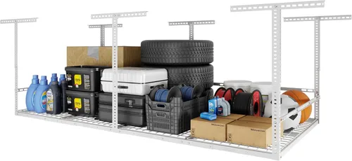Vista 30 de FLEXIMOUNTS Estante de almacenamiento de techo de garaje de 3x8, sistema de organización de garaje ajustable, metal resistente, capacidad