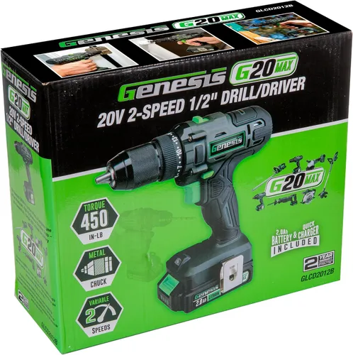 Vista 9 de Genesis 20V 1/2" Taladro inalámbrico con batería y cargador, portabrocas metálico con trinquete, 450 pulgadas-libras, batería y cargador de 2.0Ah