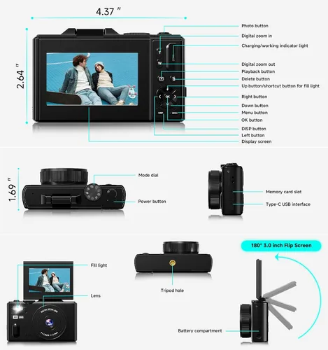 Vista 7 de Cámara digital, cámara de viaje UHD 5K de 80MP, cámaras compactas con zoom 18X, cámara de vlogging para YouTube con pantalla abatible de 3" 180°