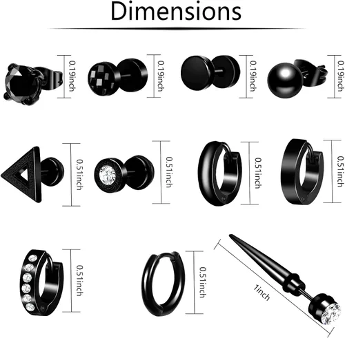 Vista 2 de ONESING Juego de 15 pares de aretes para hombre, aretes negros de acero inoxidable, aretes de cruz para hombres y mujeres, hipoalergénicos