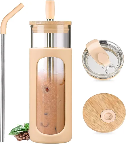 Vista 28 de Kodrine Vaso para agua de vidrio de 20 onzas con popote y tapa, botella de agua con tapas de bambú, taza para café helado, reutilizable, boca ancha