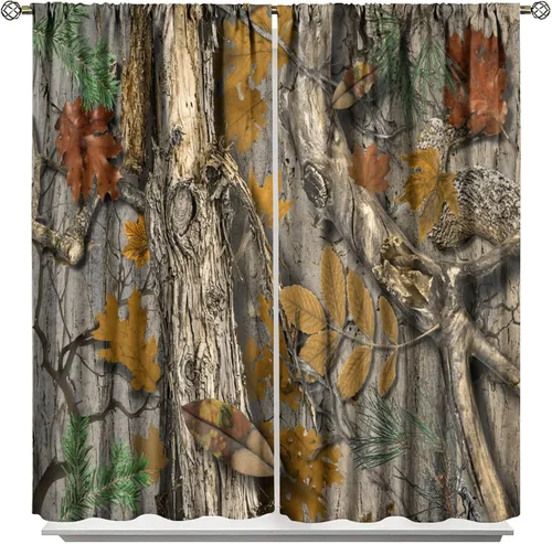 Vista 29 de Cortinas opacas de camuflaje de bosque, animales salvajes, osos, ciervos, alces, con bolsillo para barra, para sala de estar, dormitorio, decoración