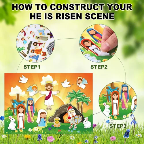 Vista 3 de Outus Juego de 32 calcomanías para hacer una Pascua y escenas con texto en inglés «He is Risen» para fiestas de juegos, actividades en el aula, arte