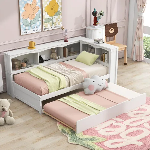 Vista 30 de Sofá cama de madera de tamaño matrimonial con 2 armarios de noche, estantes superiores y 4 cajones, marco de madera resistente, espacio de Marrón