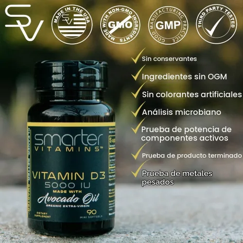 Vista 4 de Vitamina D3 5000 UI con aceite de aguacate, alta potencia 125 mcg, 90 mini cápsulas blandas D3 in non-GMO avocado oil supports calcium absorption