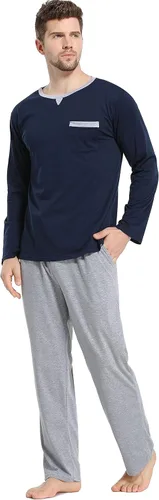 Vista 2 de Lovasy Conjunto de pijama de algodón para hombre, camisas de manga larga y pantalones a cuadros, ropa de dormir suave