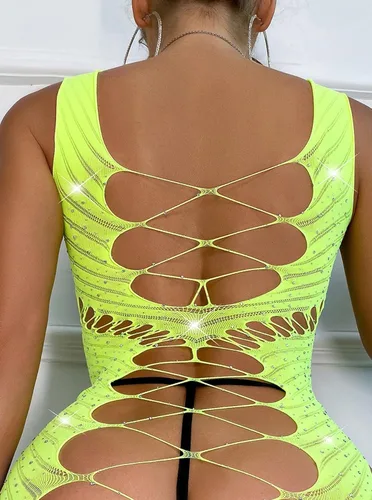 Vista 3 de Hilinker Mini vestido sexy sin mangas transparente con diamantes de imitación brillantes para mujer