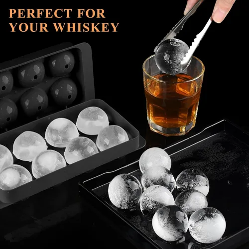Vista 2 de Molde para cubitos de hielo para whisky, 2 x 8 cubos de hielo de whisky de 1.8 pulgadas, bandeja circular para cubitos de hielo con tapa
