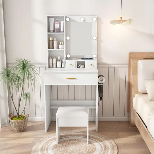 Vista 10 de Escritorio de tocador abatible con espejo iluminado LED y toma de corriente integrada, mesa de tocador de maquillaje con 2 cajones, almacenamiento