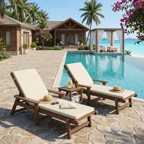 Vista 11 de Chaise Lounge, madera de polietileno, silla de salón al aire libre con respaldo ajustable, resistente a la intemperie, impermeable, a prueba