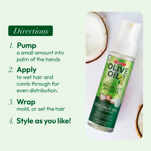 Vista 9 de ORS Set de envoltura de aceite de oliva Hold & Shine Mousse infundida con aceite de coco para un brillo reparador, 7 onzas