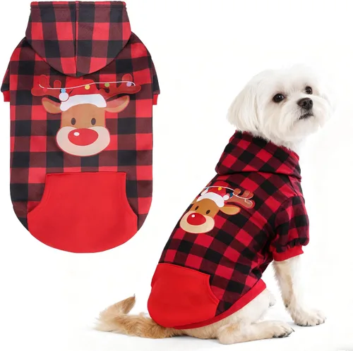 Vista 12 de EXPAWLORER Sudadera con capucha para perro a cuadros, estilo británico, suéter cálido para perro con agujero para correa, ropa de pitbull, ropa